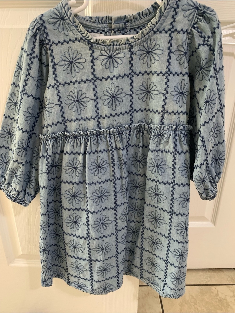 Mud Pie Light Blue Floral Grid Long-Sleeve Dress